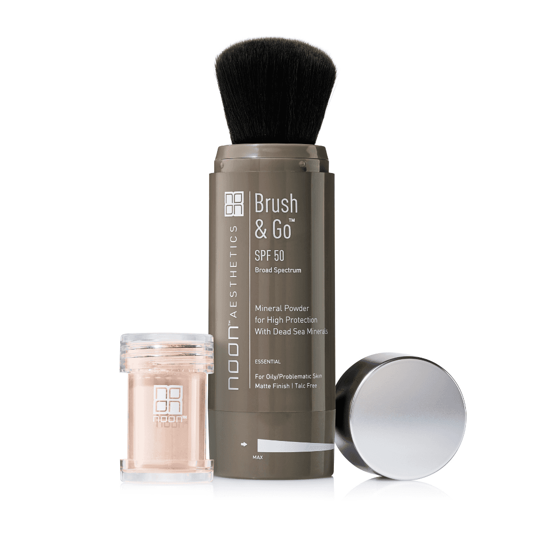 NOON Aesthetics™ Brush & Go - SPF 50 mineralinė apsauga nuo saulės mišriai, riebiai odai (Tone 02) 2x5gr.