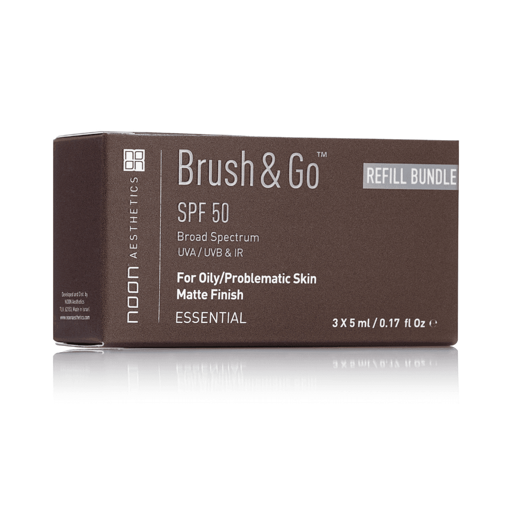 Noon Brush & Go šepetėlio papildymas SPF 50 mineralinė apsauga nuo saulės mišriai, riebiai tipų odai (Tone 01), 3x5 g